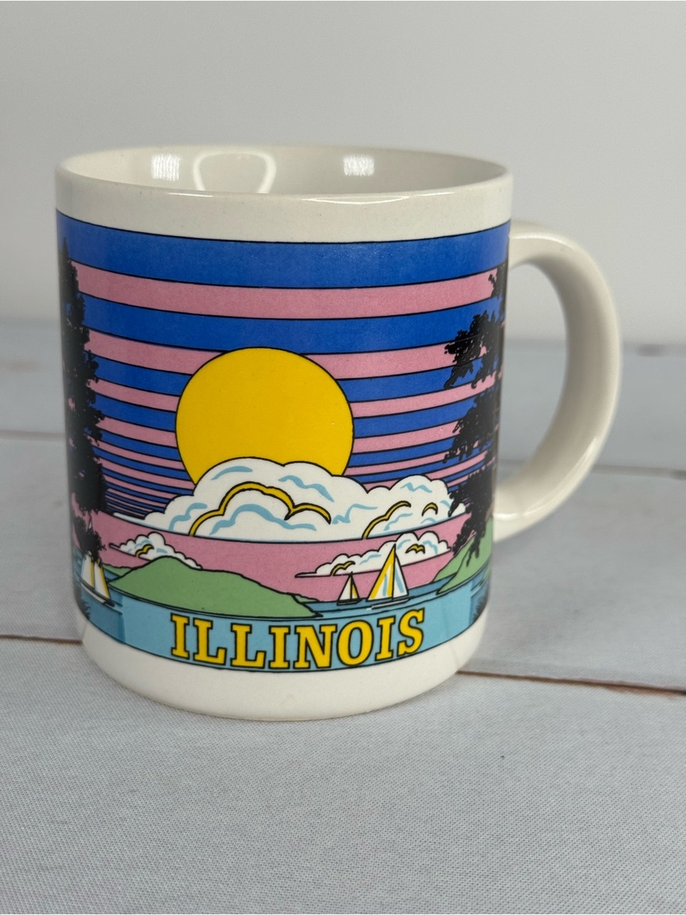 Vintage Illinois Souvenir Mug Retro Sunset Pink Blue Stripe Pine Tree Sailboats
